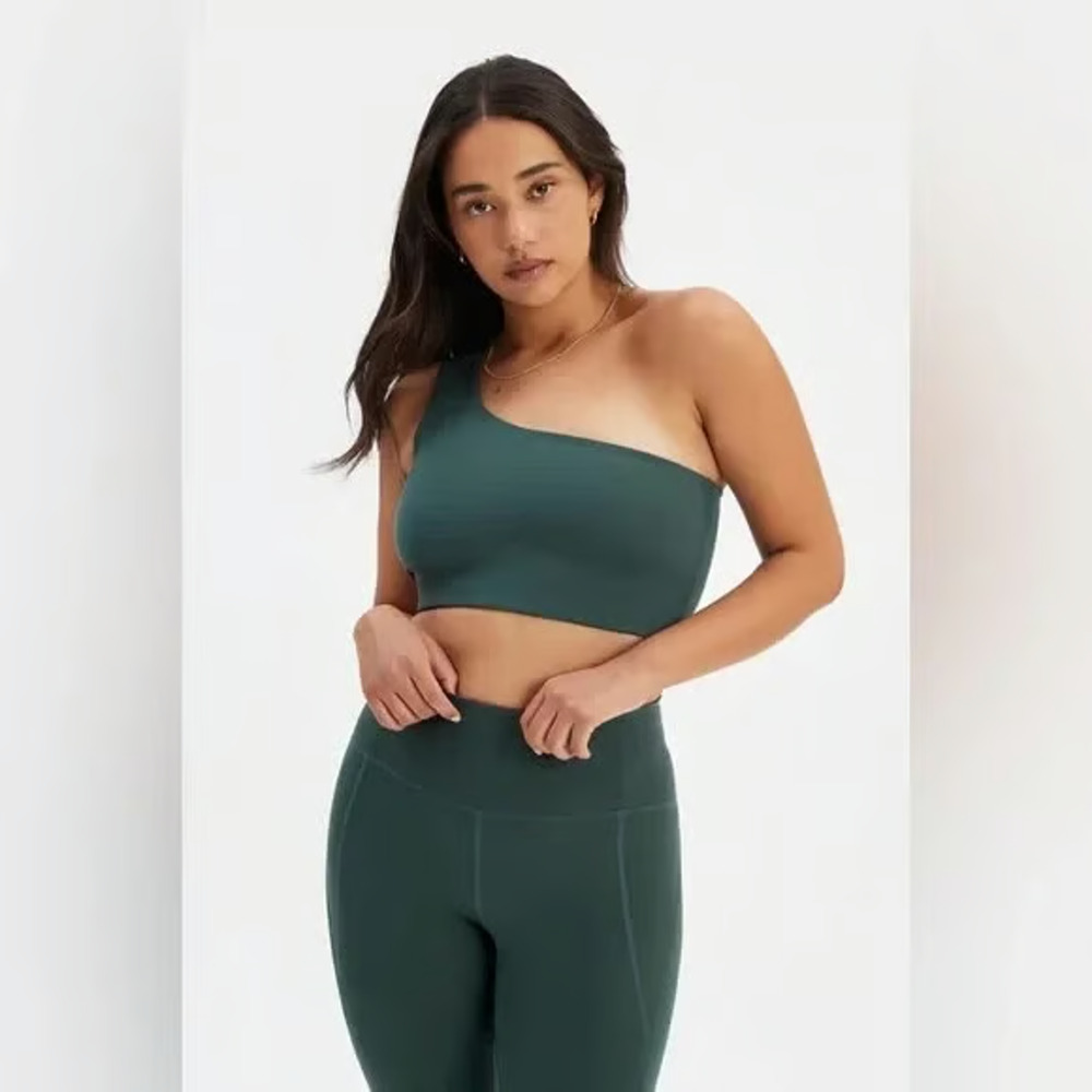 NWT Girlfriend Collective Womens Green Bianca One Shoulder Sports Bra Size Small